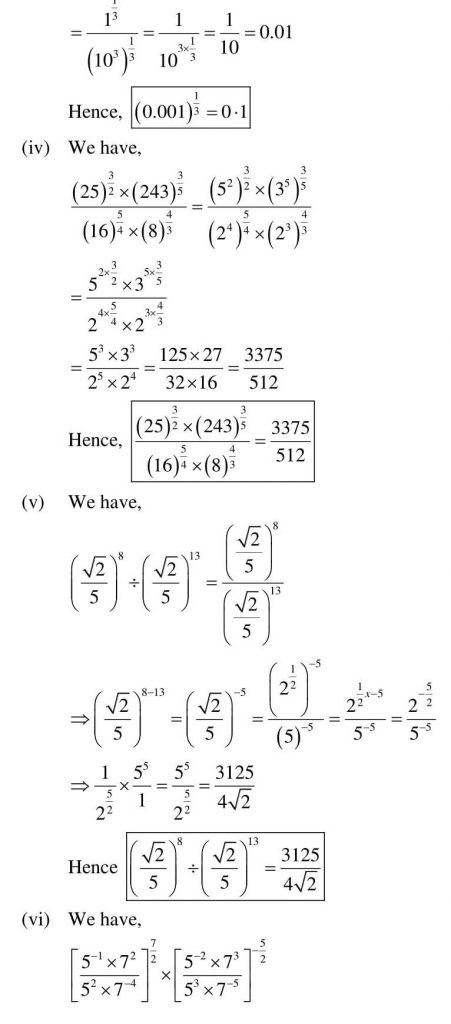 NCERT Solutions Class 9 Mathematics RD Sharma Exponents of Real Numbers