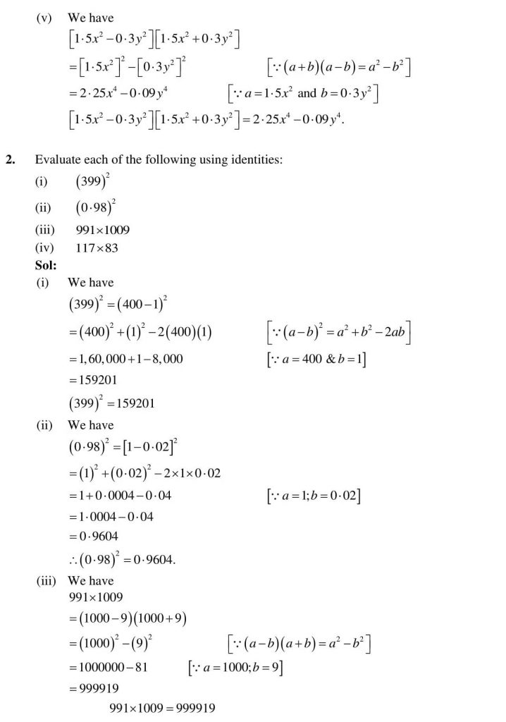 NCERT Solutions Class 9 Mathematics RD Sharma Algebraic Identities