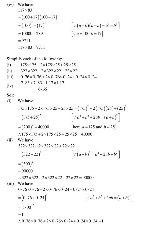 NCERT Solutions Class 9 Mathematics RD Sharma Algebraic Identities