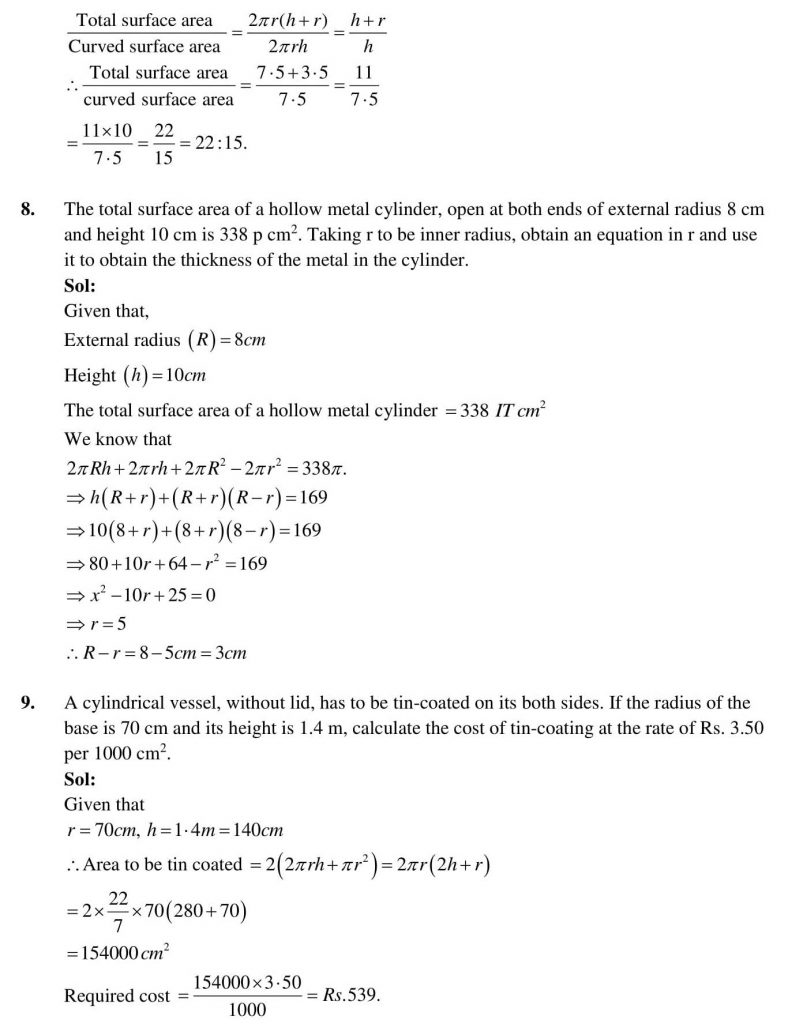 NCERT Solutions Class 9 Mathematics RD Sharma Surface Areas and Volume of a Circular Cylinder