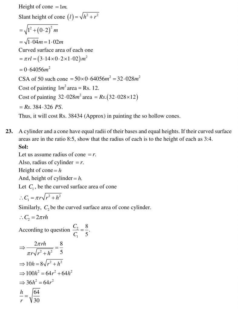 NCERT Solutions Class 9 Mathematics RD Sharma Surface Areas and Volume of A Right Circular Cone