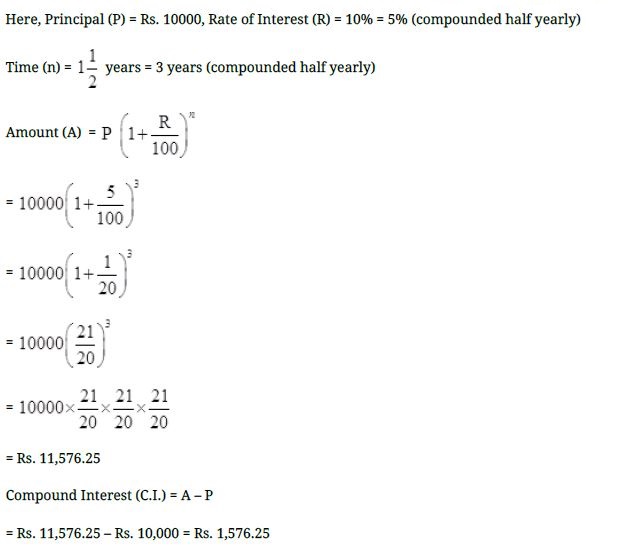 Find the amount and the compound interest on Rs.10,000 for 11⁄2 years at 10% per annum