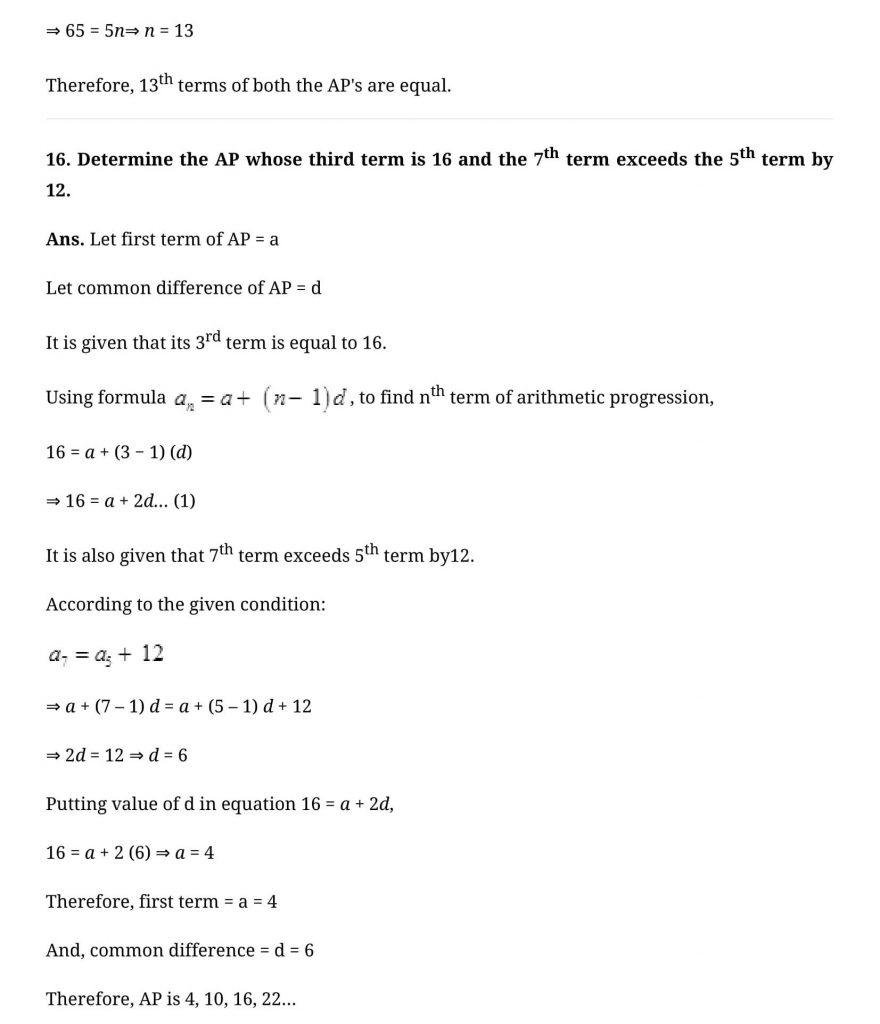 NCERT Solutions Class 10 Mathematics Arithmetic Progressions