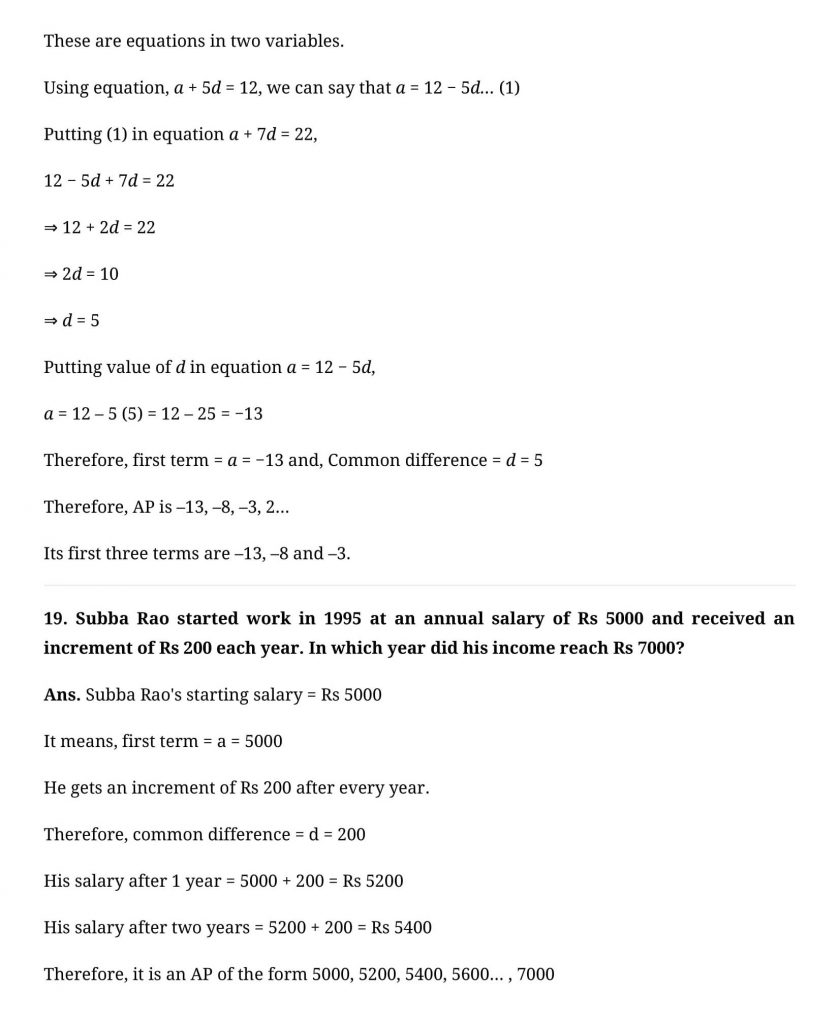 NCERT Solutions Class 10 Mathematics Arithmetic Progressions