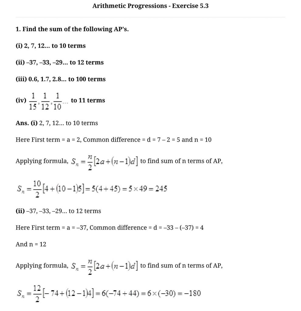 NCERT Solutions Class 10 Mathematics Arithmetic Progressions