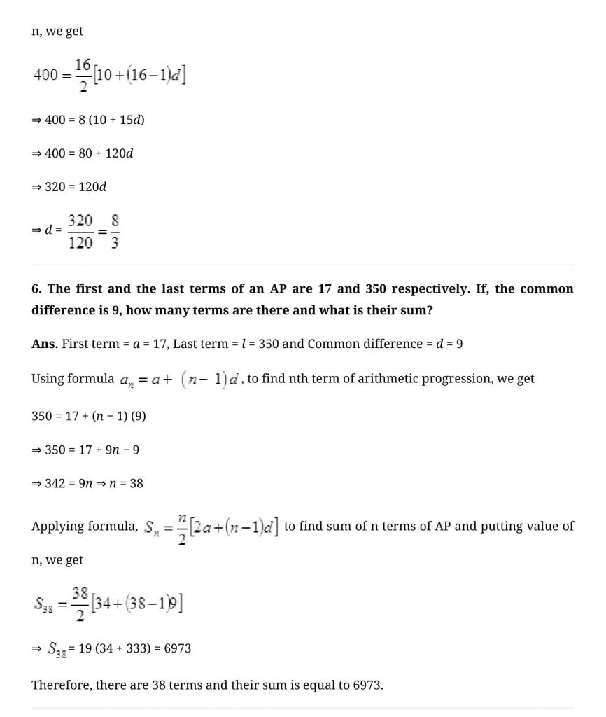 NCERT Solutions Class 10 Mathematics Arithmetic Progressions