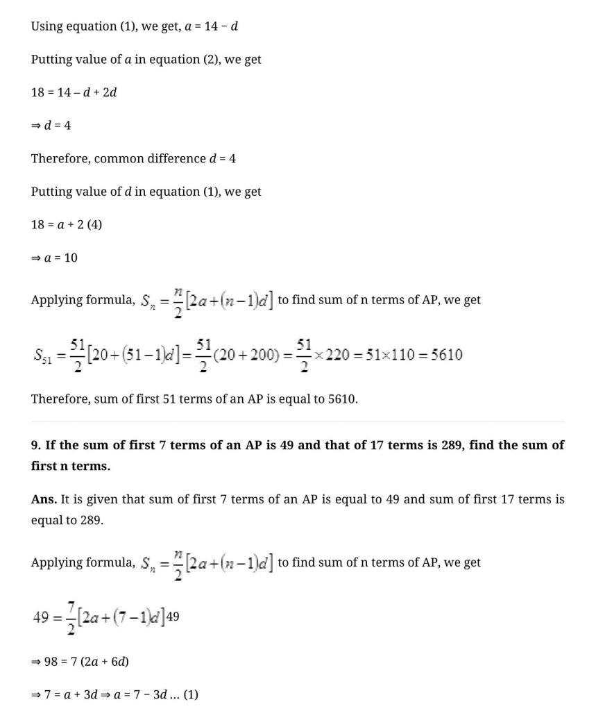 NCERT Solutions Class 10 Mathematics Arithmetic Progressions