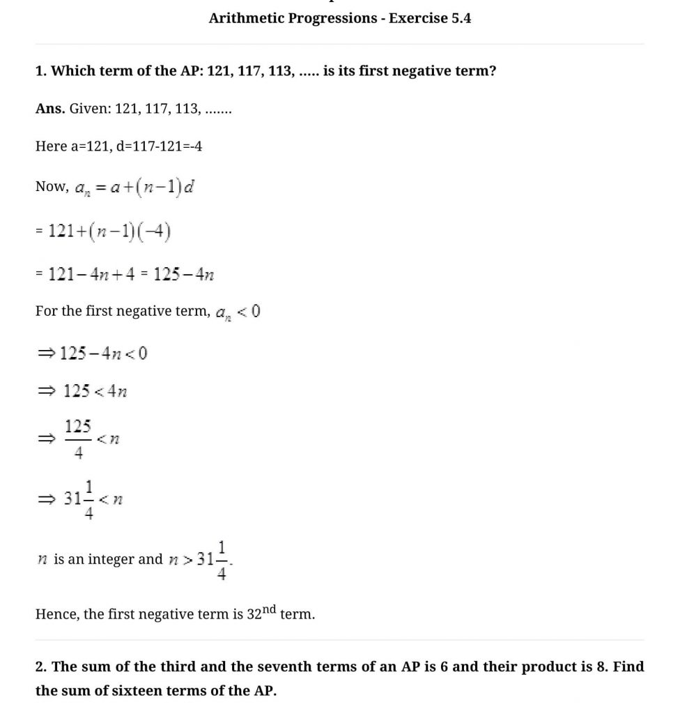 NCERT Solutions Class 10 Mathematics Arithmetic Progressions