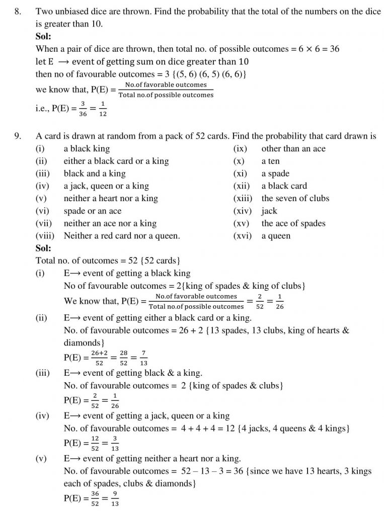 NCERT Solutions Class 10 Mathematics RD Sharma Probability