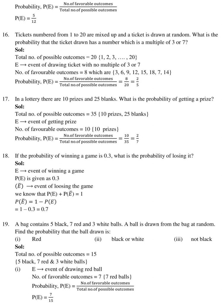 NCERT Solutions Class 10 Mathematics RD Sharma Probability