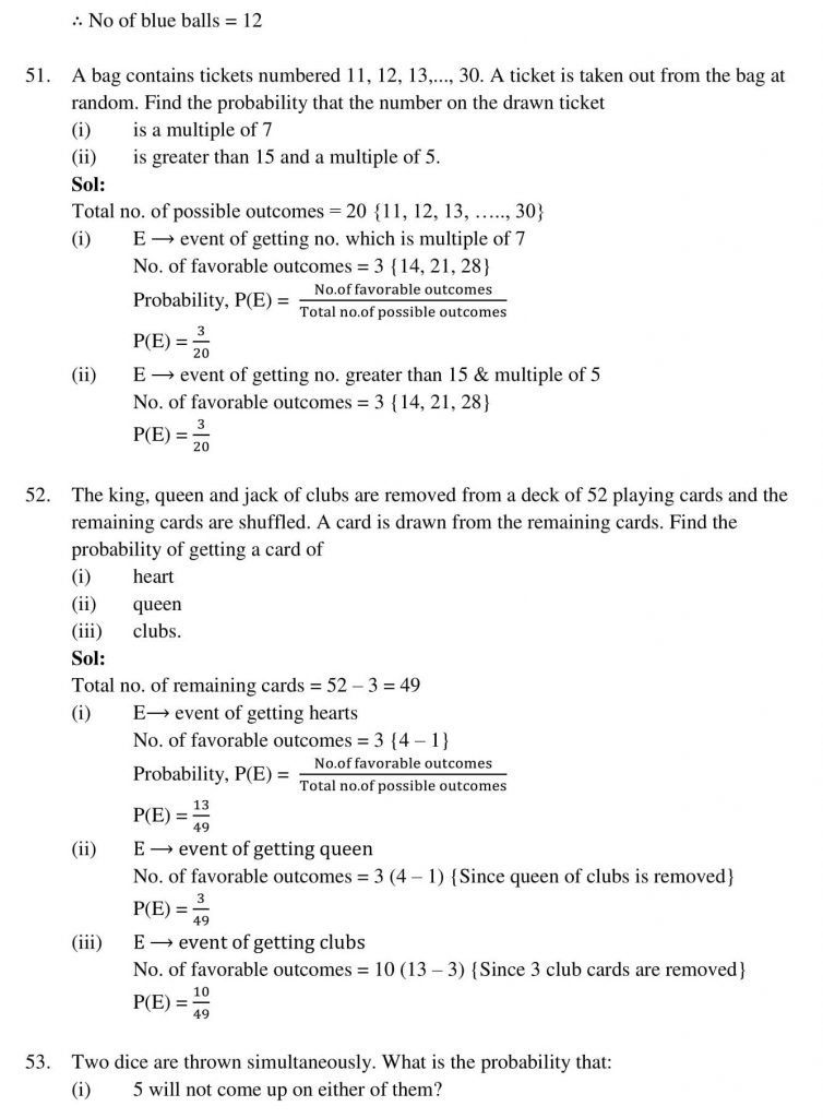 NCERT Solutions Class 10 Mathematics RD Sharma Probability