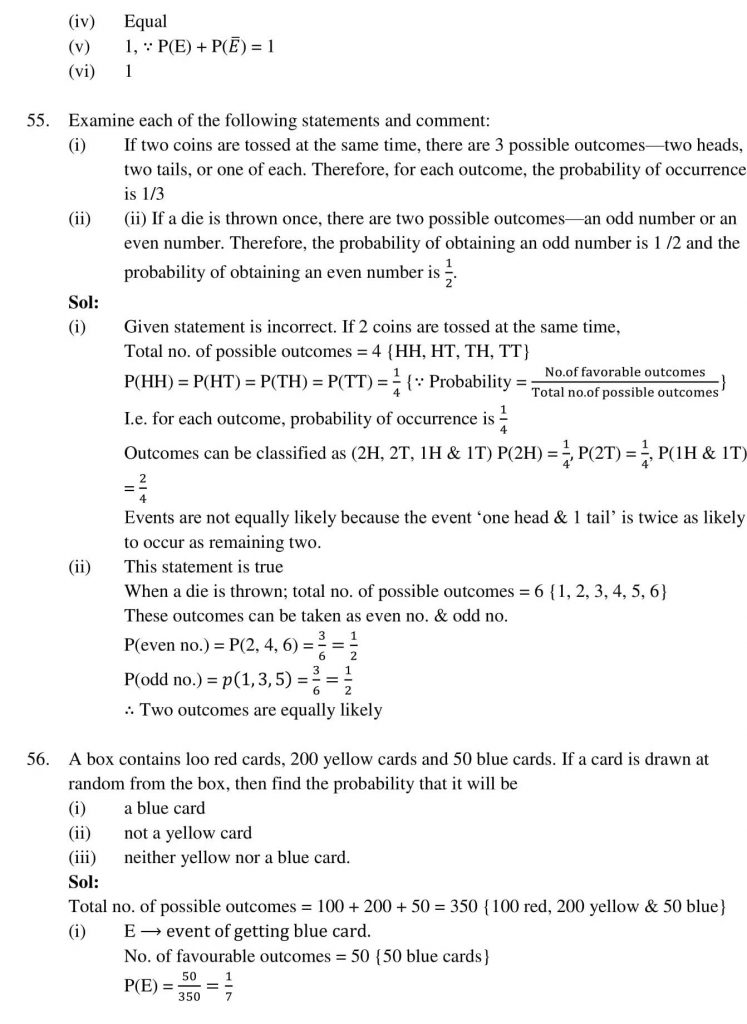 NCERT Solutions Class 10 Mathematics RD Sharma Probability