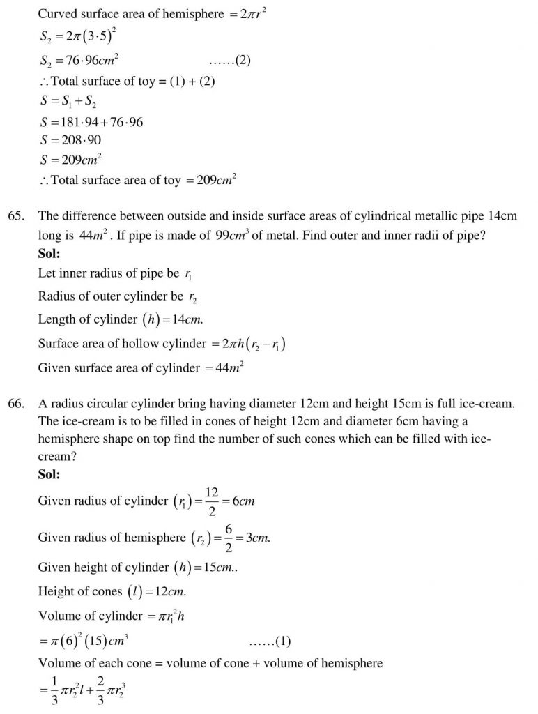 NCERT Solutions Class 10 Mathematics RD Sharma Surface Areas and Volumes