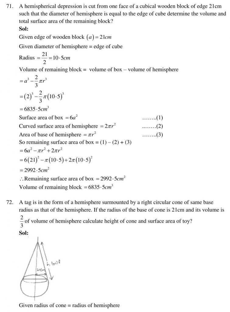 NCERT Solutions Class 10 Mathematics RD Sharma Surface Areas and Volumes