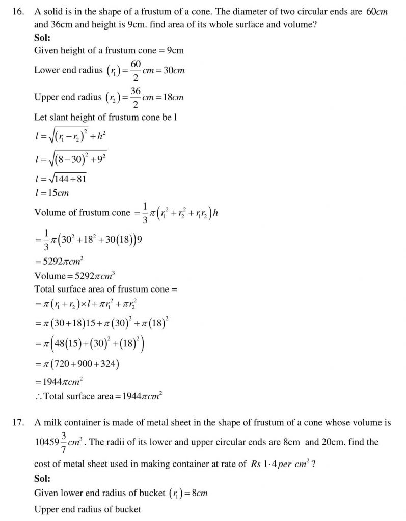 NCERT Solutions Class 10 Mathematics RD Sharma Surface Areas and Volumes