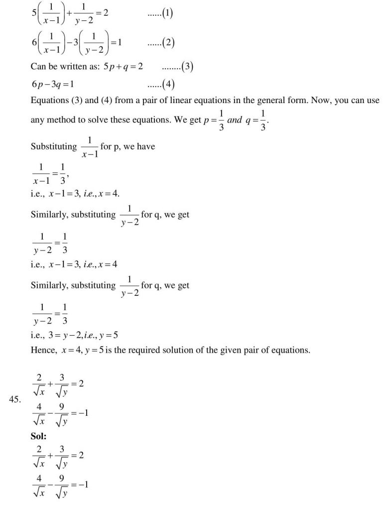 NCERT Solutions Class 10 Mathematics RD Sharma Pair of Linear Equations in Two Variables