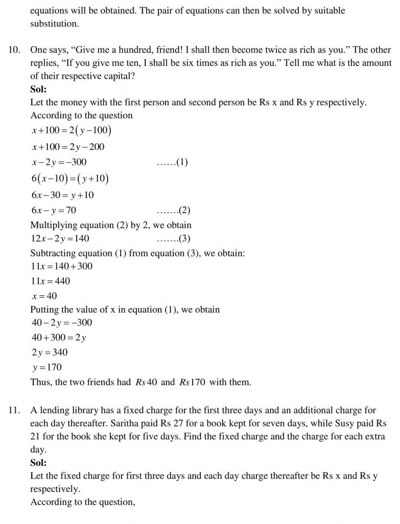 NCERT Solutions Class 10 Mathematics RD Sharma Pair of Linear Equations in Two Variables