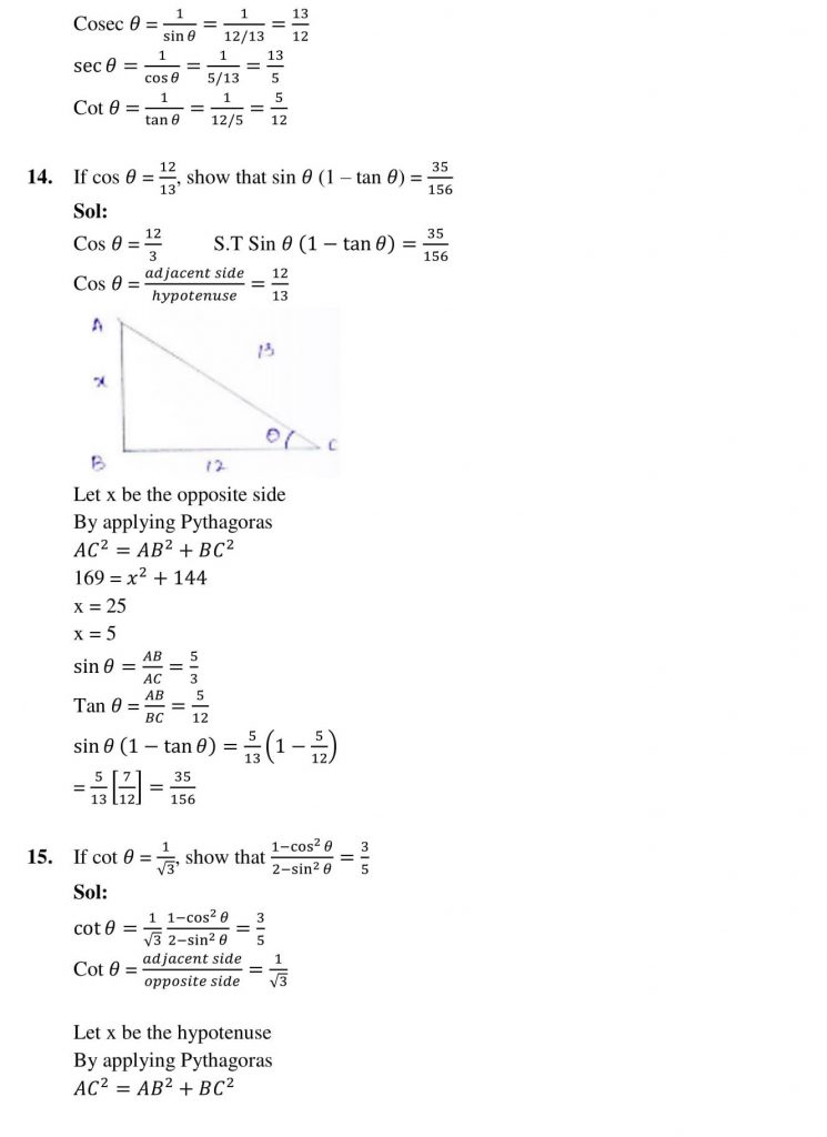 NCERT Solutions Class 10 Mathematics RD Sharma Trigonometric Ratios