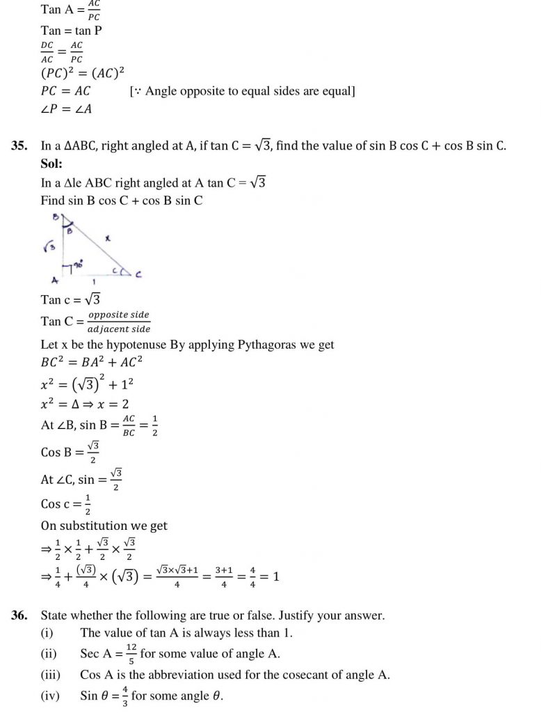 NCERT Solutions Class 10 Mathematics RD Sharma Trigonometric Ratios