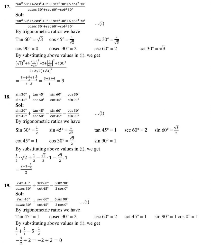 NCERT Solutions Class 10 Mathematics RD Sharma Trigonometric Ratios