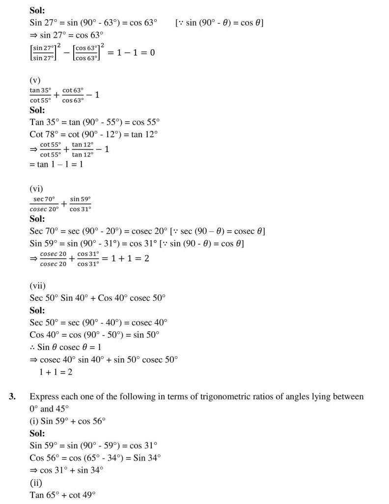 NCERT Solutions Class 10 Mathematics RD Sharma Trigonometric Ratios