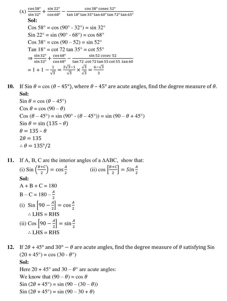 NCERT Solutions Class 10 Mathematics RD Sharma Trigonometric Ratios