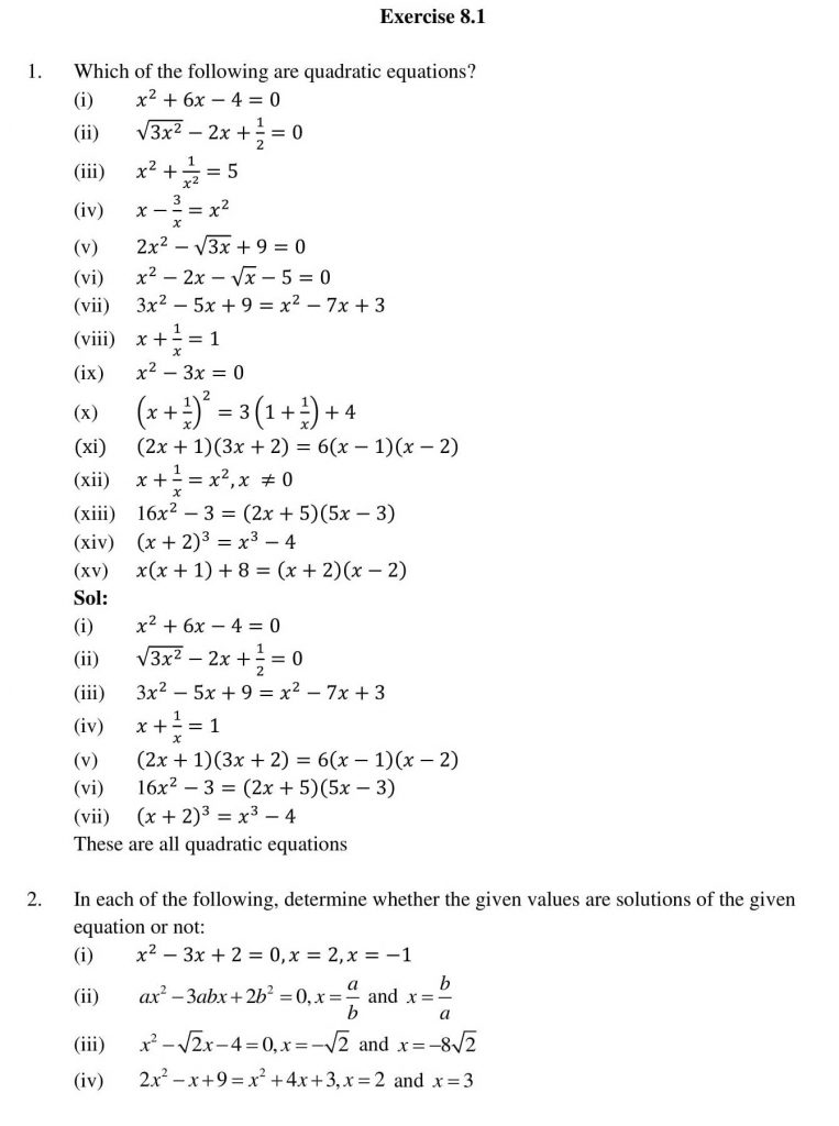 NCERT Solutions Class 10 Mathematics RD Sharma Quadratic Equations