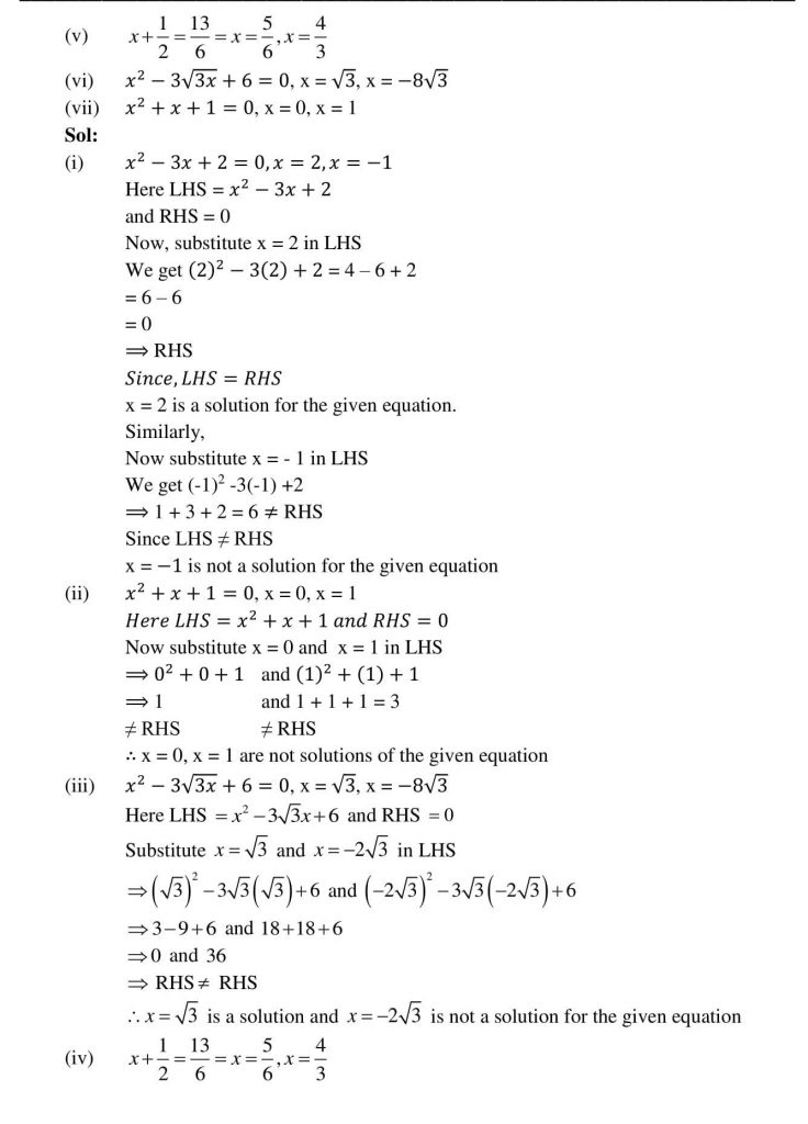 NCERT Solutions Class 10 Mathematics RD Sharma Quadratic Equations