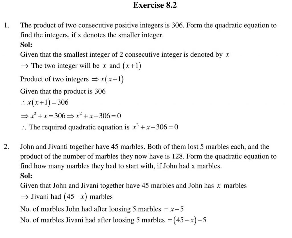 NCERT Solutions Class 10 Mathematics RD Sharma Quadratic Equations