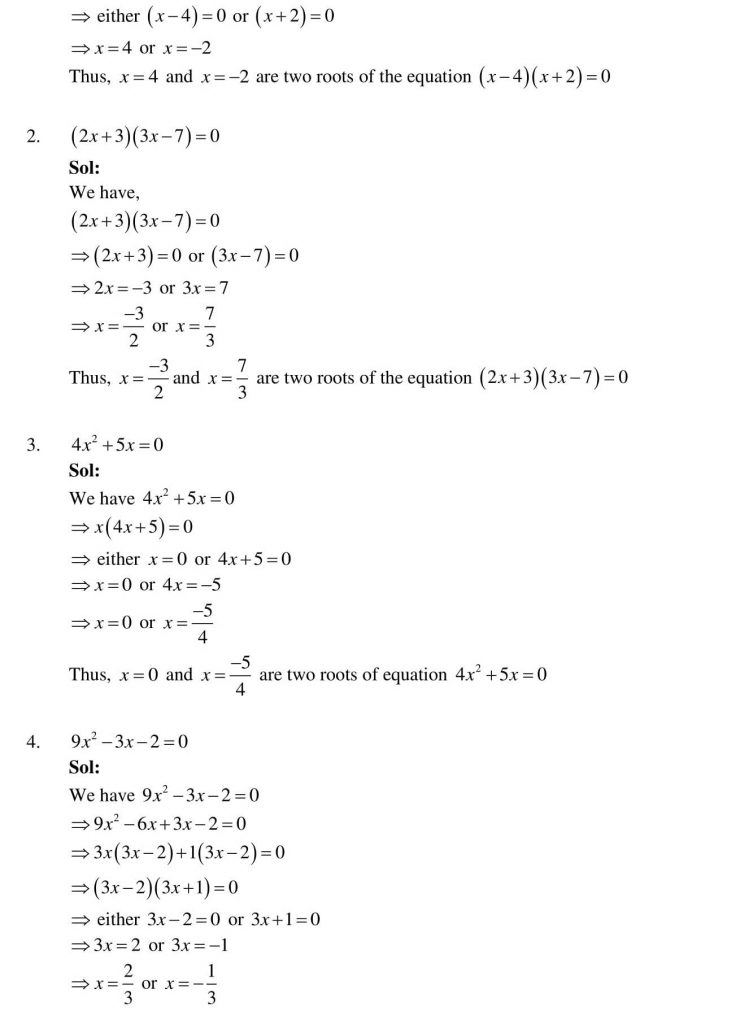 NCERT Solutions Class 10 Mathematics RD Sharma Quadratic Equations