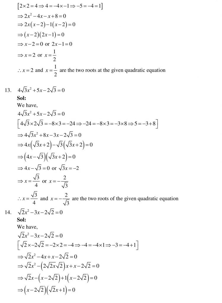 NCERT Solutions Class 10 Mathematics RD Sharma Quadratic Equations