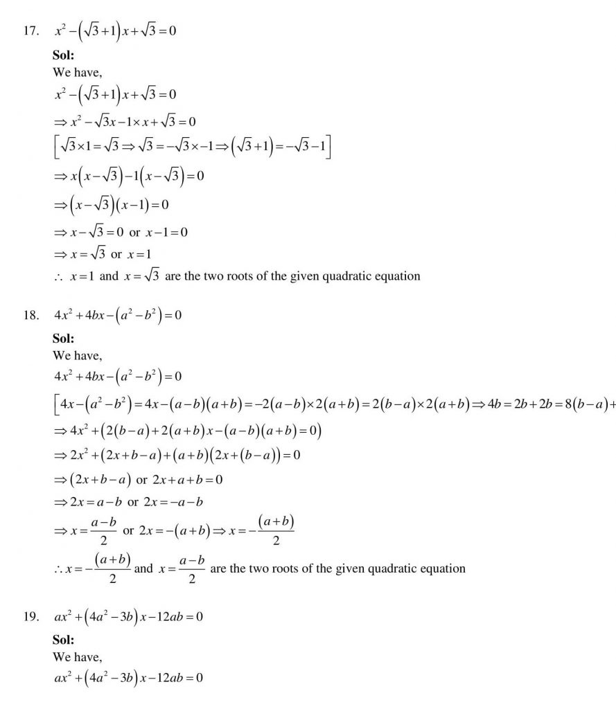 NCERT Solutions Class 10 Mathematics RD Sharma Quadratic Equations