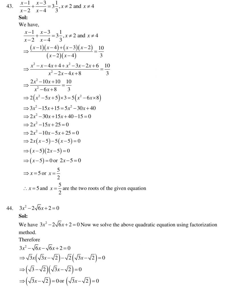 NCERT Solutions Class 10 Mathematics RD Sharma Quadratic Equations