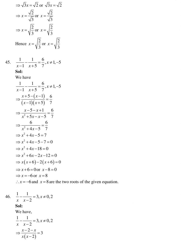 NCERT Solutions Class 10 Mathematics RD Sharma Quadratic Equations