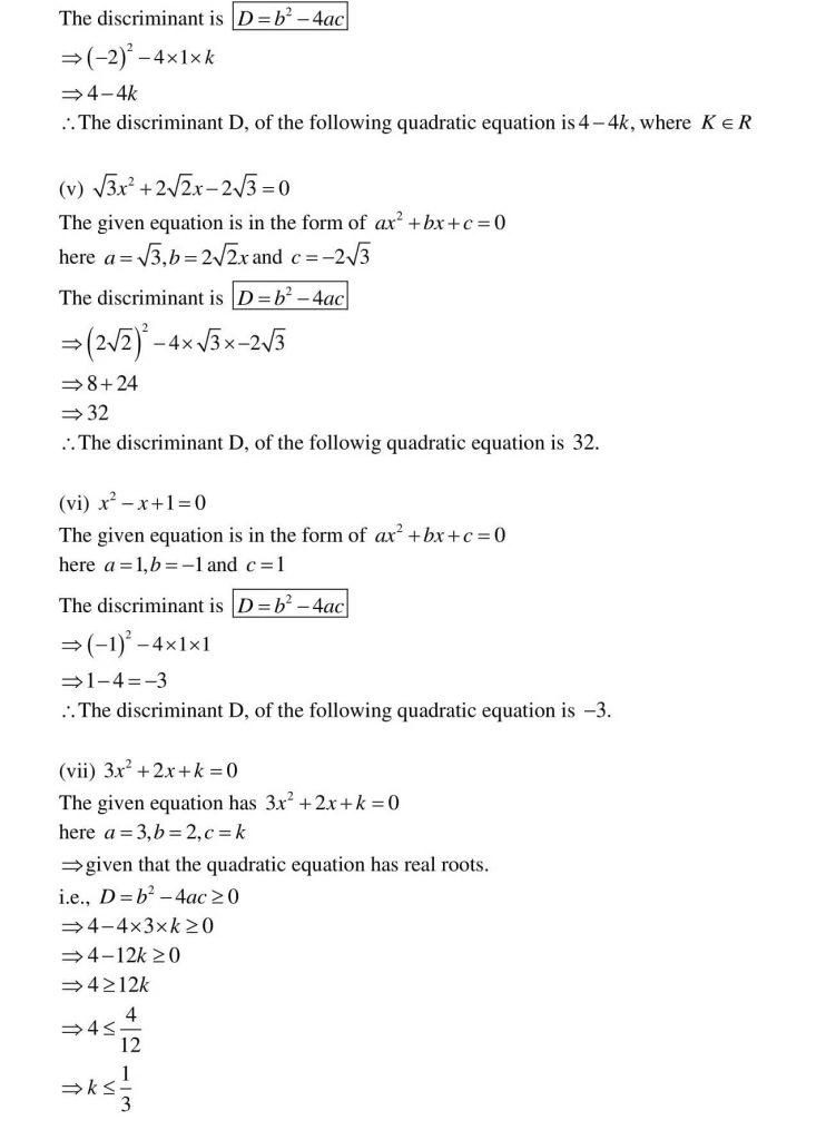 NCERT Solutions Class 10 Mathematics RD Sharma Quadratic Equations