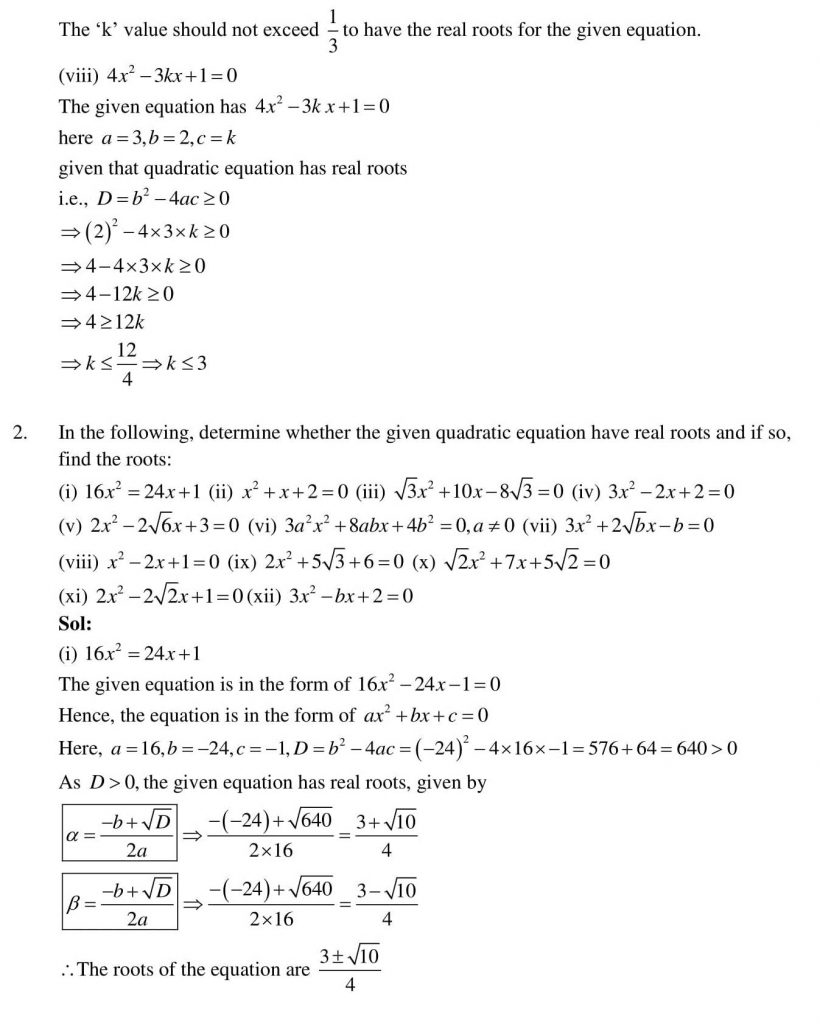 NCERT Solutions Class 10 Mathematics RD Sharma Quadratic Equations