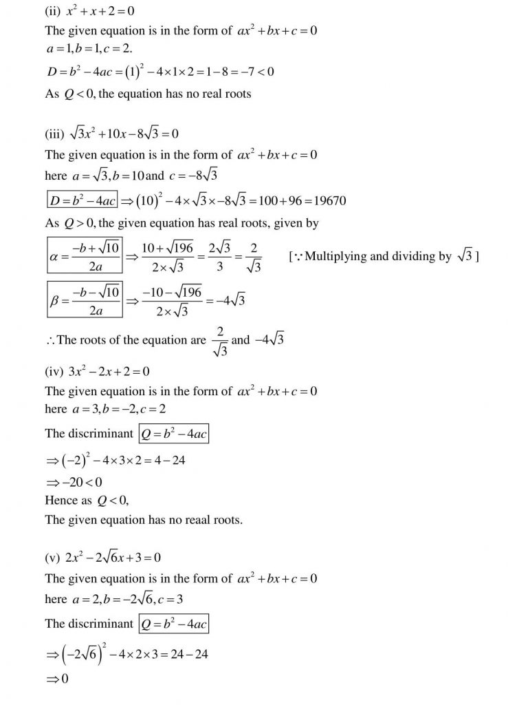 NCERT Solutions Class 10 Mathematics RD Sharma Quadratic Equations