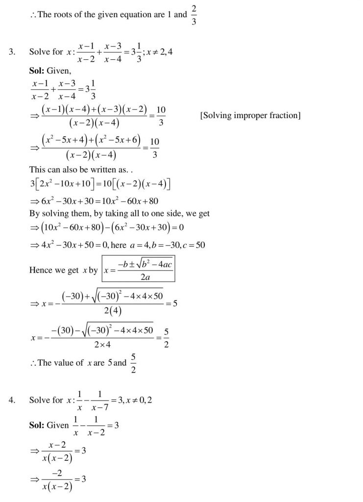 NCERT Solutions Class 10 Mathematics RD Sharma Quadratic Equations