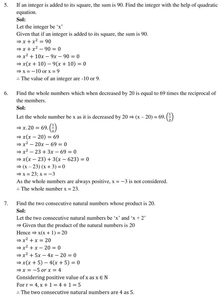 NCERT Solutions Class 10 Mathematics RD Sharma Quadratic Equations