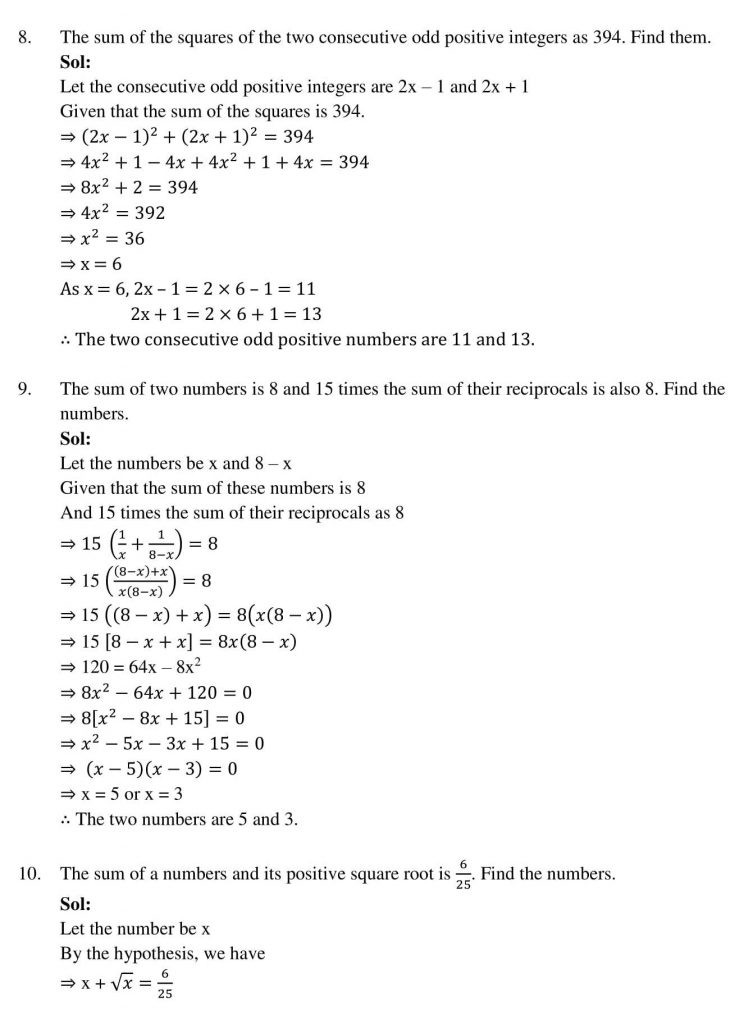 NCERT Solutions Class 10 Mathematics RD Sharma Quadratic Equations