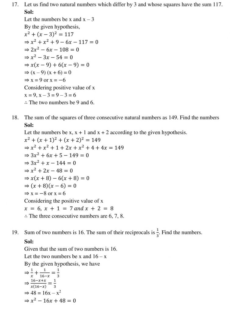 NCERT Solutions Class 10 Mathematics RD Sharma Quadratic Equations