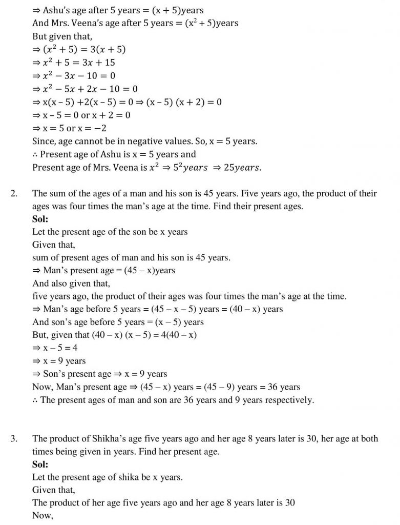 NCERT Solutions Class 10 Mathematics RD Sharma Quadratic Equations