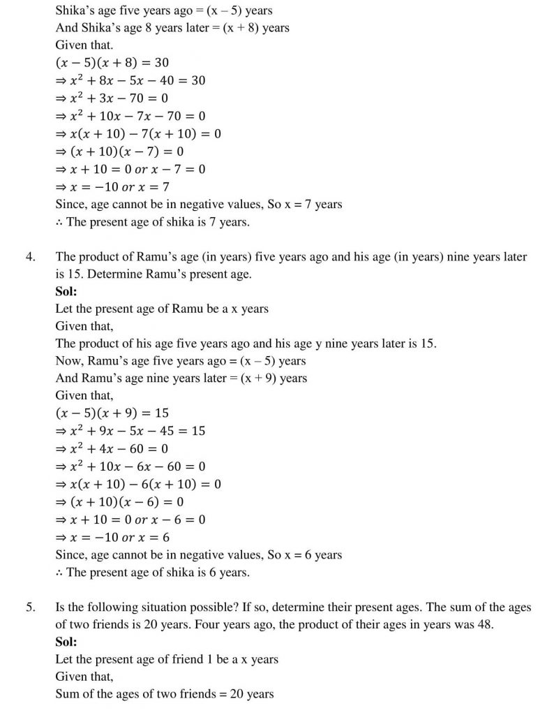 NCERT Solutions Class 10 Mathematics RD Sharma Quadratic Equations