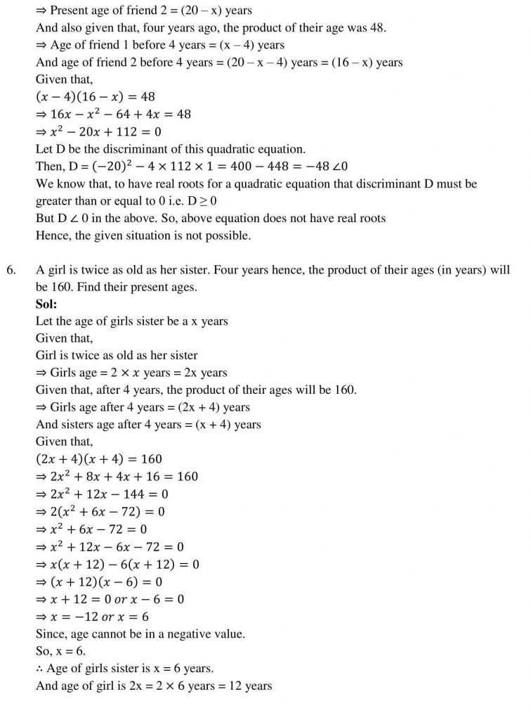 NCERT Solutions Class 10 Mathematics RD Sharma Quadratic Equations