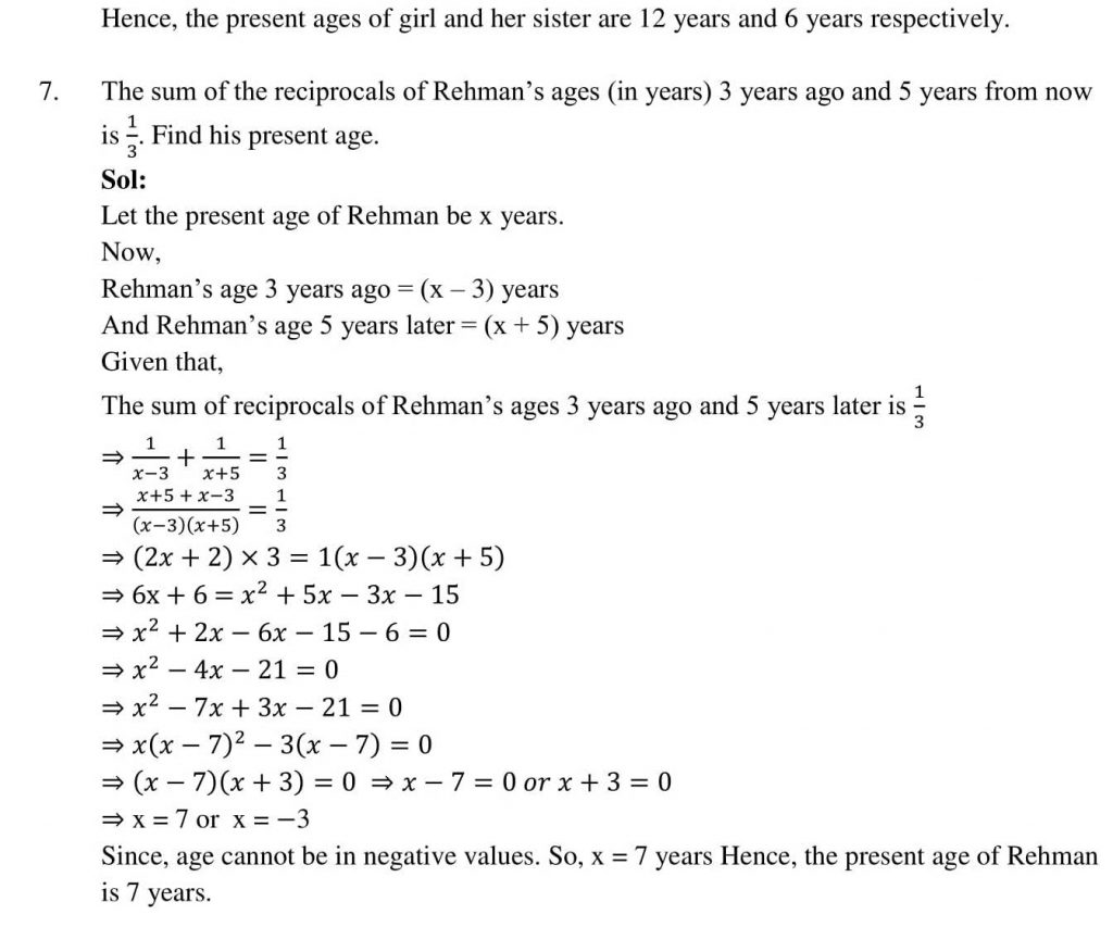 NCERT Solutions Class 10 Mathematics RD Sharma Quadratic Equations