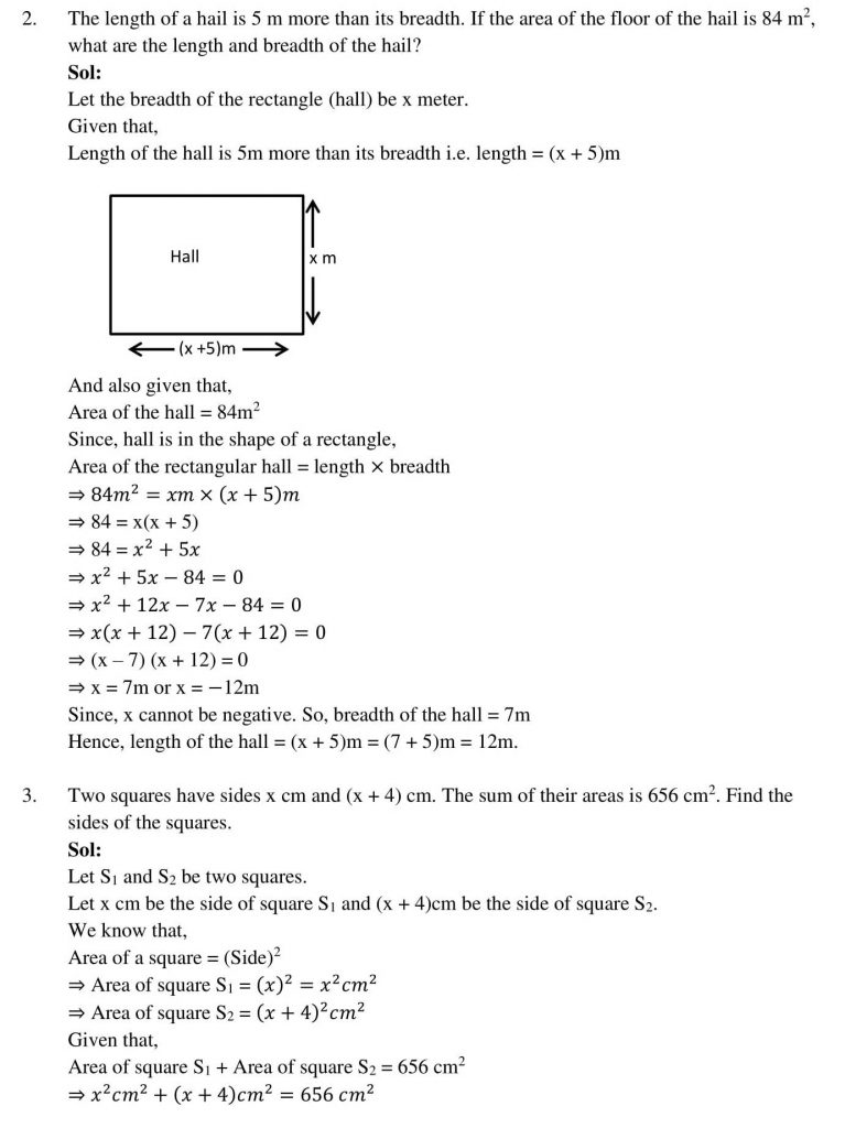 NCERT Solutions Class 10 Mathematics RD Sharma Quadratic Equations