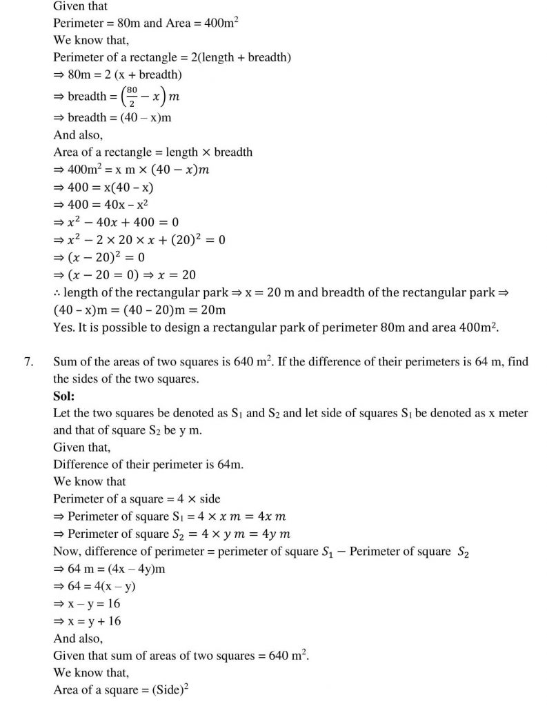 NCERT Solutions Class 10 Mathematics RD Sharma Quadratic Equations