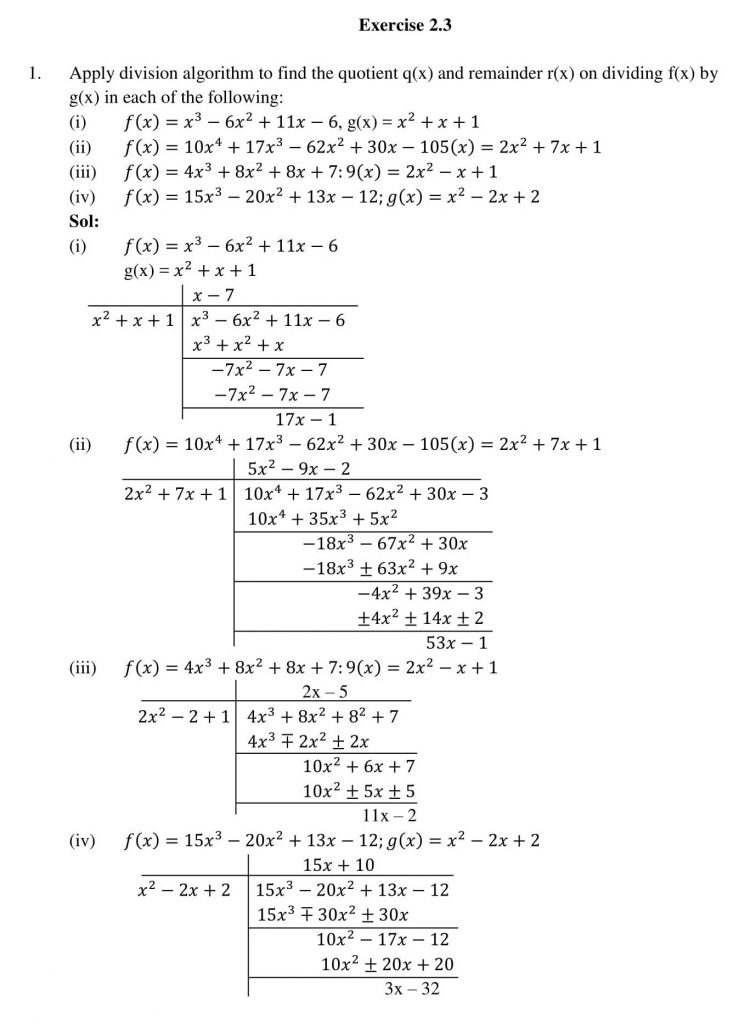 NCERT Solutions Class 10 Mathematics RD Sharma polynomials