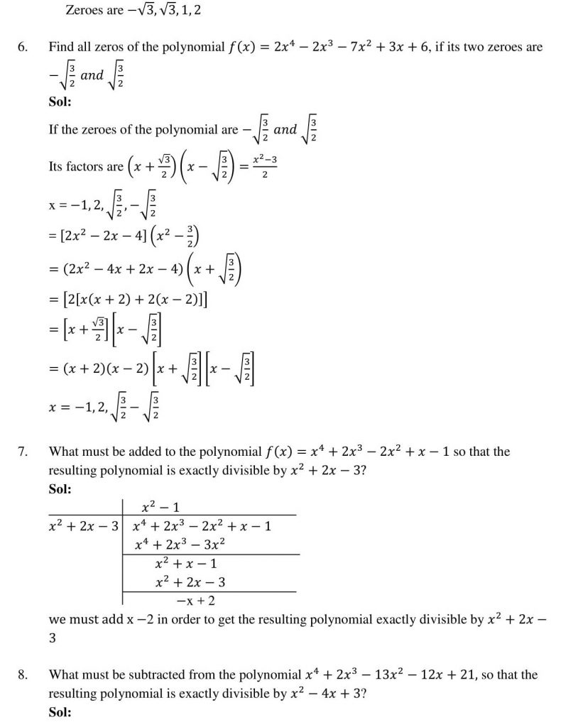 NCERT Solutions Class 10 Mathematics RD Sharma polynomials