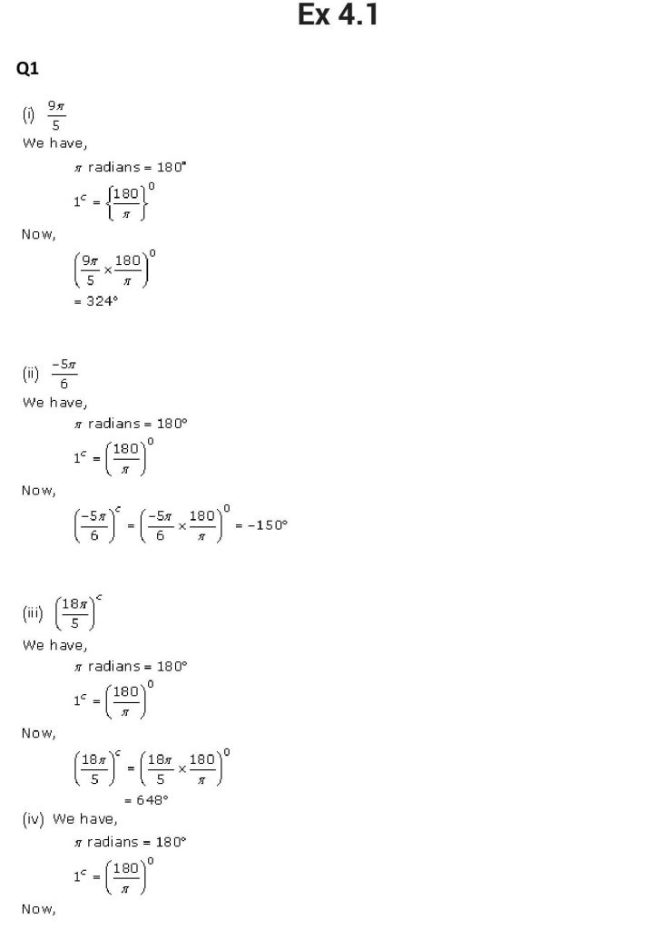 NCERT Solutions Class 11 Mathematics RD Sharma measurement of angles